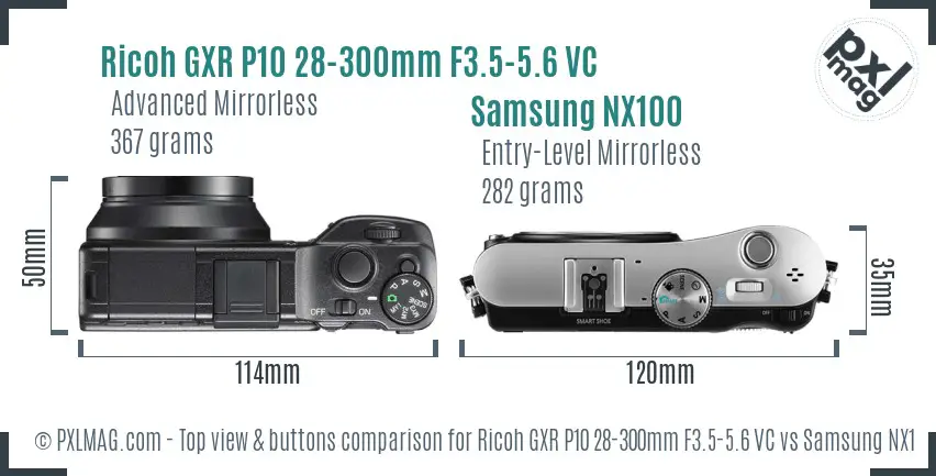 Ricoh GXR P10 28-300mm F3.5-5.6 VC vs Samsung NX100 top view buttons comparison