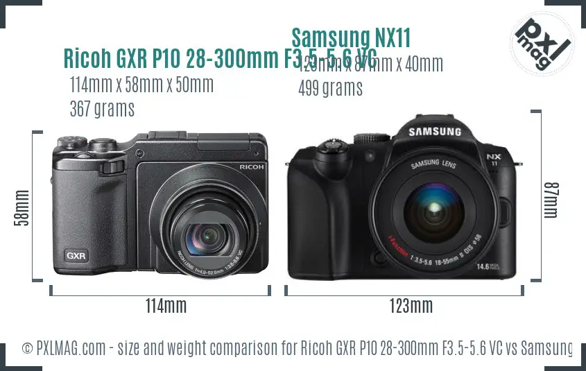 Ricoh GXR P10 28-300mm F3.5-5.6 VC vs Samsung NX11 size comparison