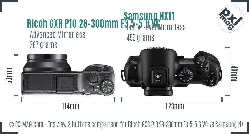Ricoh GXR P10 28-300mm F3.5-5.6 VC vs Samsung NX11 top view buttons comparison