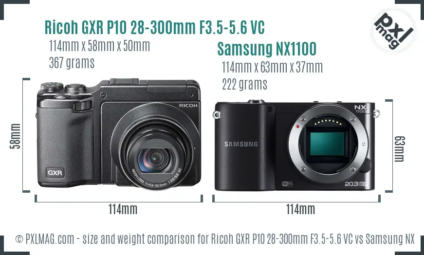 Ricoh GXR P10 28-300mm F3.5-5.6 VC vs Samsung NX1100 size comparison