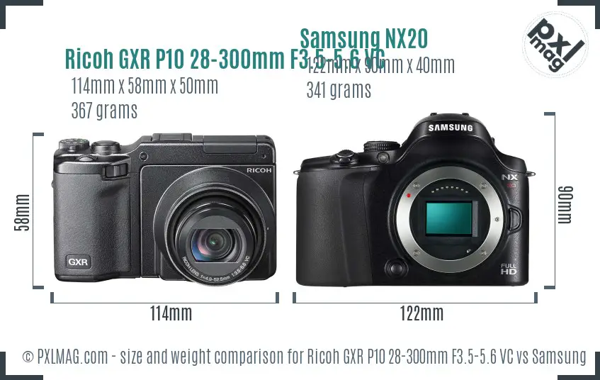 Ricoh GXR P10 28-300mm F3.5-5.6 VC vs Samsung NX20 size comparison