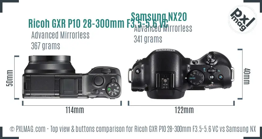 Ricoh GXR P10 28-300mm F3.5-5.6 VC vs Samsung NX20 top view buttons comparison