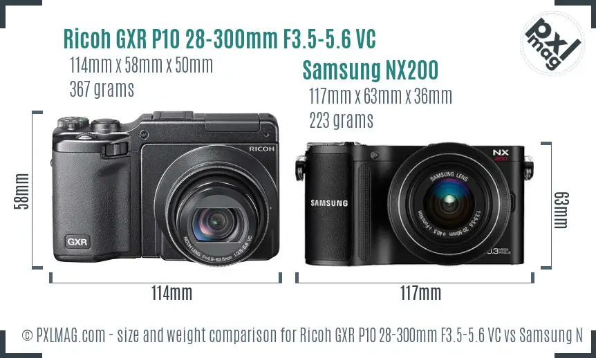 Ricoh GXR P10 28-300mm F3.5-5.6 VC vs Samsung NX200 size comparison