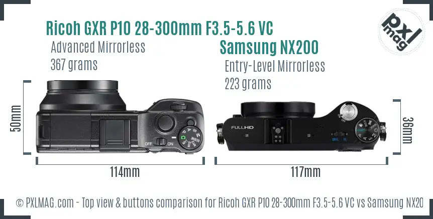 Ricoh GXR P10 28-300mm F3.5-5.6 VC vs Samsung NX200 top view buttons comparison