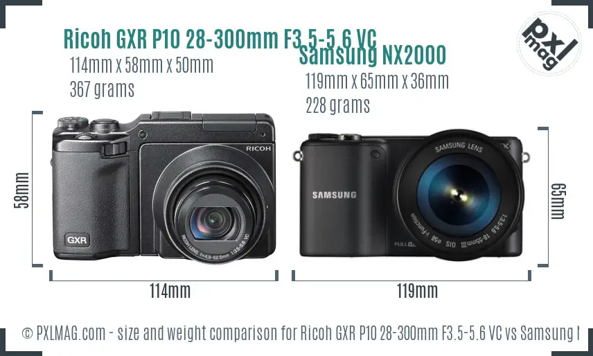 Ricoh GXR P10 28-300mm F3.5-5.6 VC vs Samsung NX2000 size comparison