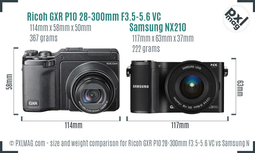 Ricoh GXR P10 28-300mm F3.5-5.6 VC vs Samsung NX210 size comparison