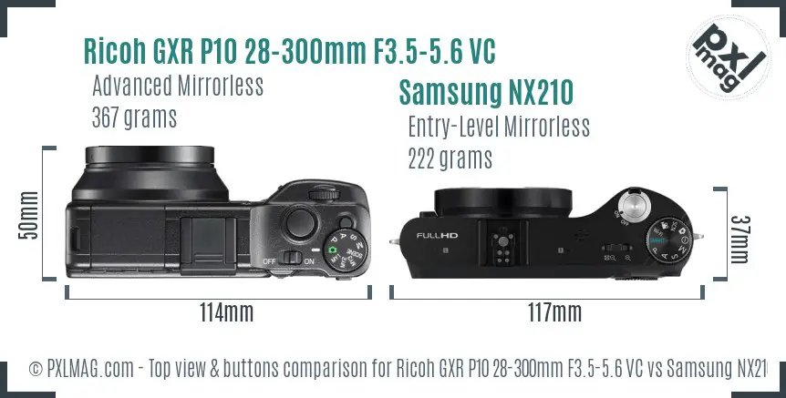 Ricoh GXR P10 28-300mm F3.5-5.6 VC vs Samsung NX210 top view buttons comparison