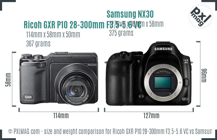 Ricoh GXR P10 28-300mm F3.5-5.6 VC vs Samsung NX30 size comparison