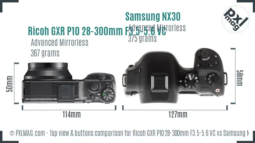 Ricoh GXR P10 28-300mm F3.5-5.6 VC vs Samsung NX30 top view buttons comparison