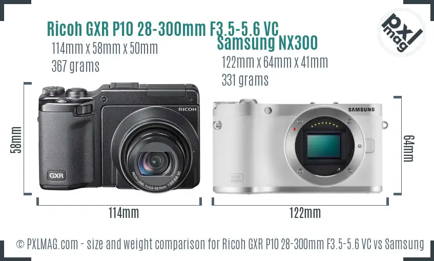 Ricoh GXR P10 28-300mm F3.5-5.6 VC vs Samsung NX300 size comparison