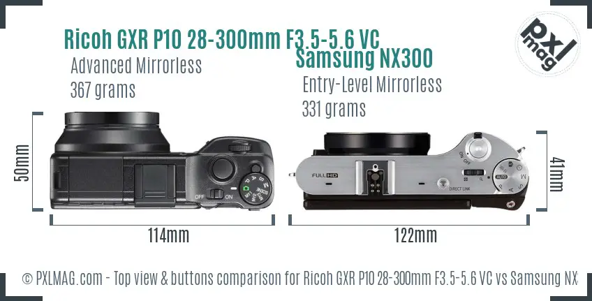 Ricoh GXR P10 28-300mm F3.5-5.6 VC vs Samsung NX300 top view buttons comparison