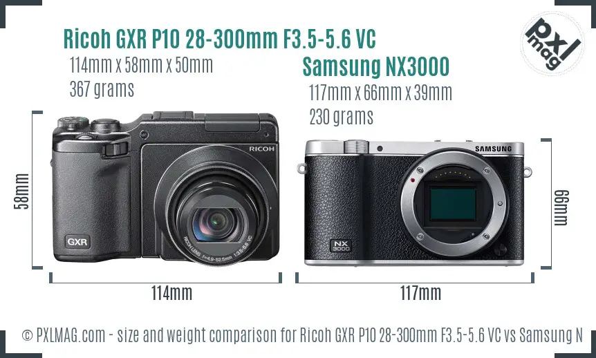 Ricoh GXR P10 28-300mm F3.5-5.6 VC vs Samsung NX3000 size comparison