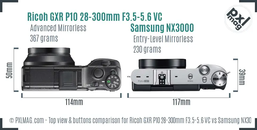 Ricoh GXR P10 28-300mm F3.5-5.6 VC vs Samsung NX3000 top view buttons comparison