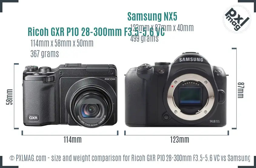 Ricoh GXR P10 28-300mm F3.5-5.6 VC vs Samsung NX5 size comparison