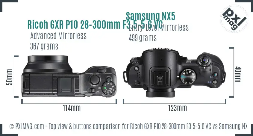 Ricoh GXR P10 28-300mm F3.5-5.6 VC vs Samsung NX5 top view buttons comparison