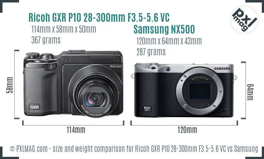 Ricoh GXR P10 28-300mm F3.5-5.6 VC vs Samsung NX500 size comparison
