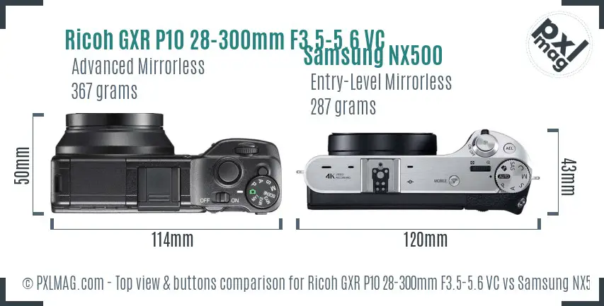 Ricoh GXR P10 28-300mm F3.5-5.6 VC vs Samsung NX500 top view buttons comparison