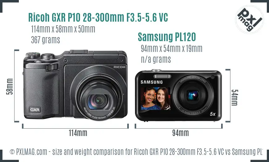 Ricoh GXR P10 28-300mm F3.5-5.6 VC vs Samsung PL120 size comparison