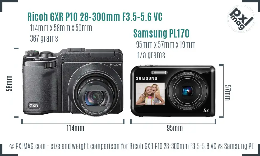 Ricoh GXR P10 28-300mm F3.5-5.6 VC vs Samsung PL170 size comparison