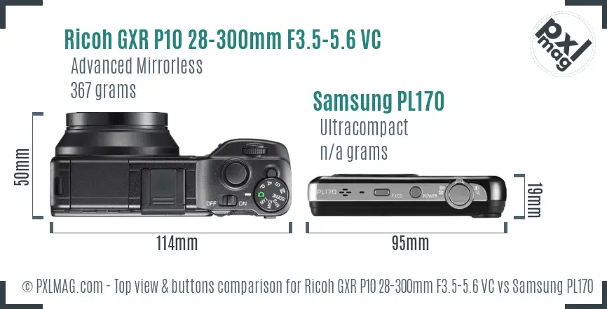 Ricoh GXR P10 28-300mm F3.5-5.6 VC vs Samsung PL170 top view buttons comparison