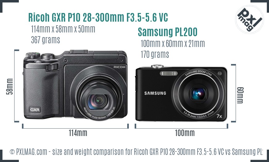 Ricoh GXR P10 28-300mm F3.5-5.6 VC vs Samsung PL200 size comparison