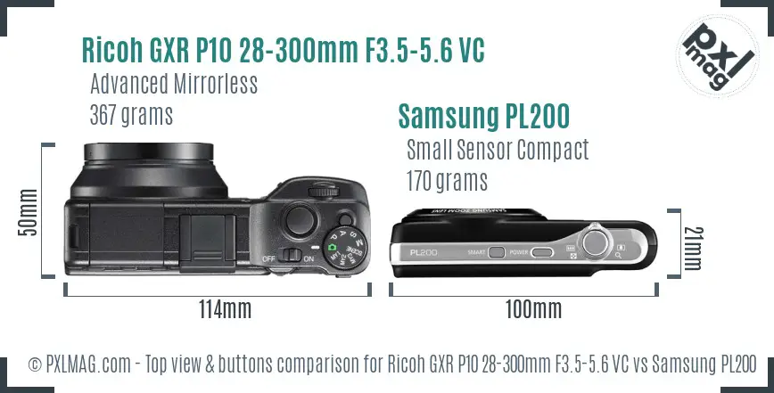 Ricoh GXR P10 28-300mm F3.5-5.6 VC vs Samsung PL200 top view buttons comparison