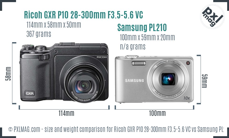 Ricoh GXR P10 28-300mm F3.5-5.6 VC vs Samsung PL210 size comparison
