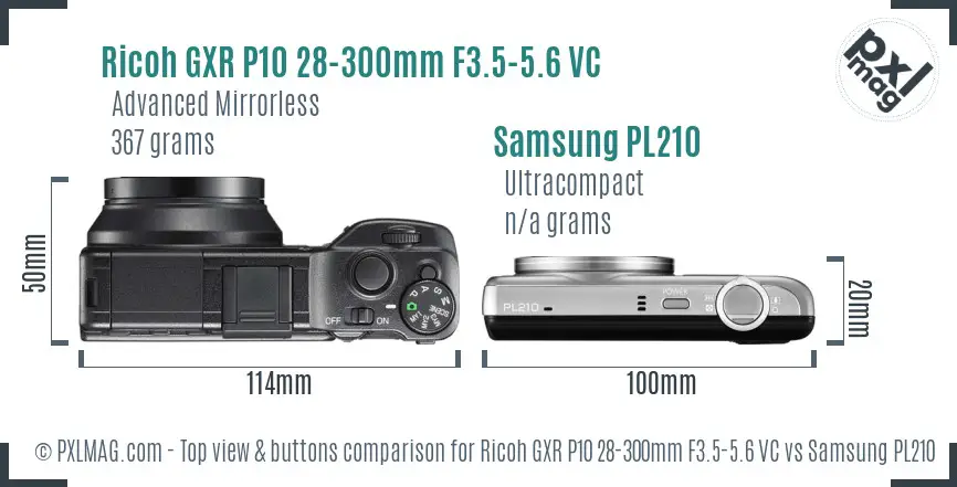 Ricoh GXR P10 28-300mm F3.5-5.6 VC vs Samsung PL210 top view buttons comparison