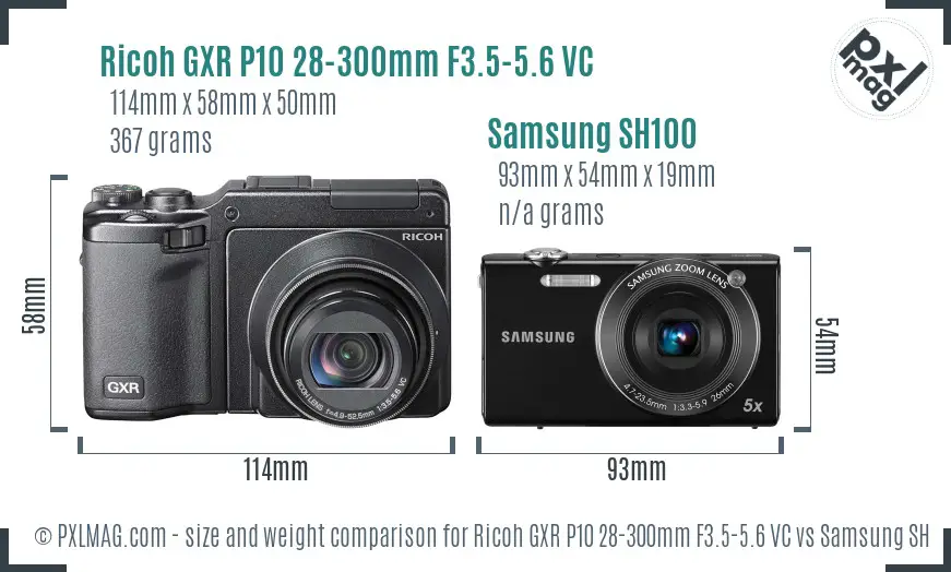 Ricoh GXR P10 28-300mm F3.5-5.6 VC vs Samsung SH100 size comparison