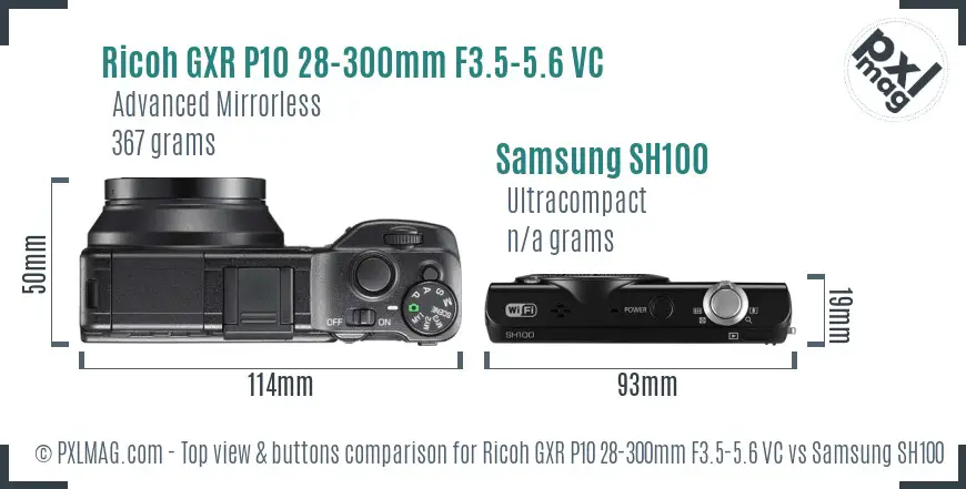 Ricoh GXR P10 28-300mm F3.5-5.6 VC vs Samsung SH100 top view buttons comparison