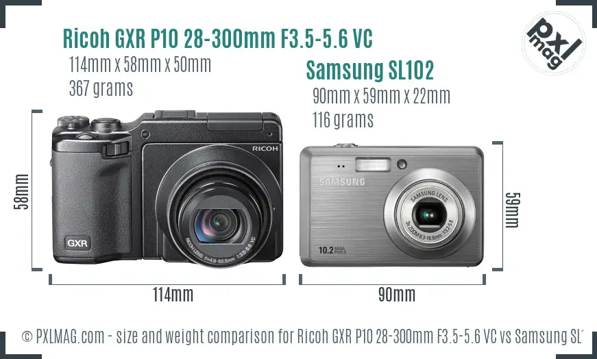 Ricoh GXR P10 28-300mm F3.5-5.6 VC vs Samsung SL102 size comparison