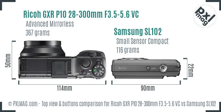 Ricoh GXR P10 28-300mm F3.5-5.6 VC vs Samsung SL102 top view buttons comparison