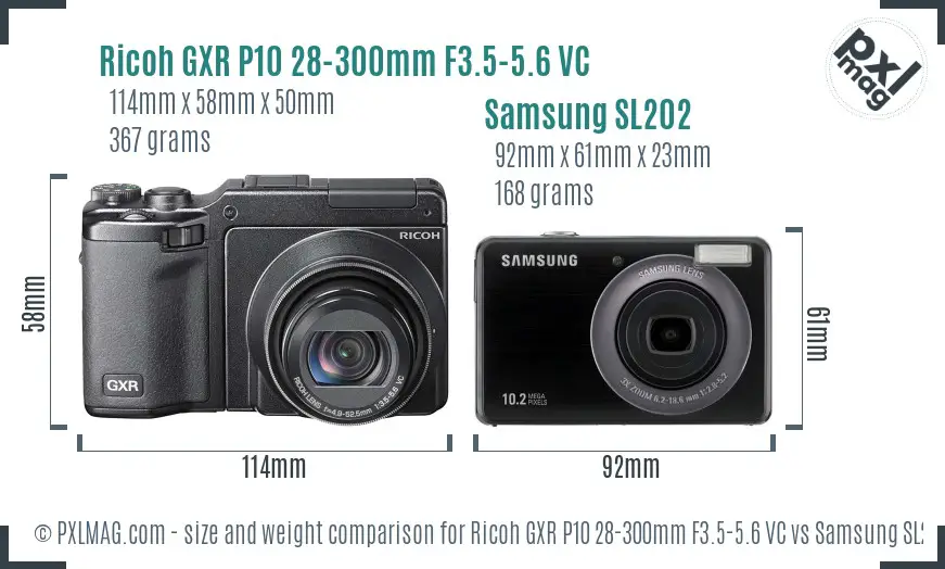 Ricoh GXR P10 28-300mm F3.5-5.6 VC vs Samsung SL202 size comparison