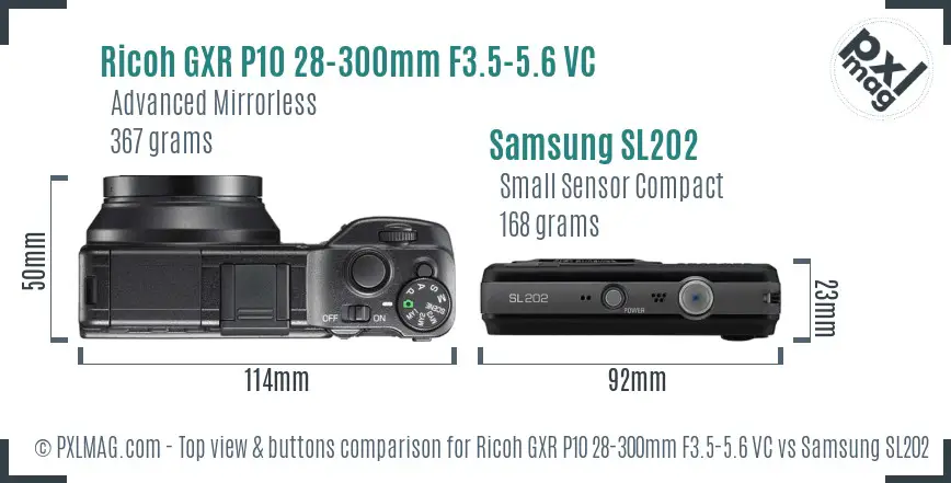 Ricoh GXR P10 28-300mm F3.5-5.6 VC vs Samsung SL202 top view buttons comparison