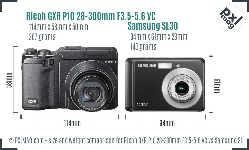 Ricoh GXR P10 28-300mm F3.5-5.6 VC vs Samsung SL30 size comparison