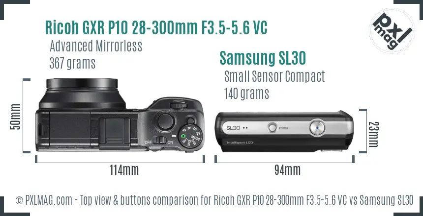 Ricoh GXR P10 28-300mm F3.5-5.6 VC vs Samsung SL30 top view buttons comparison