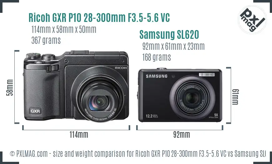 Ricoh GXR P10 28-300mm F3.5-5.6 VC vs Samsung SL620 size comparison