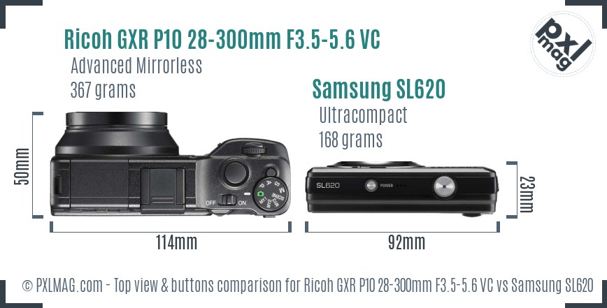 Ricoh GXR P10 28-300mm F3.5-5.6 VC vs Samsung SL620 top view buttons comparison