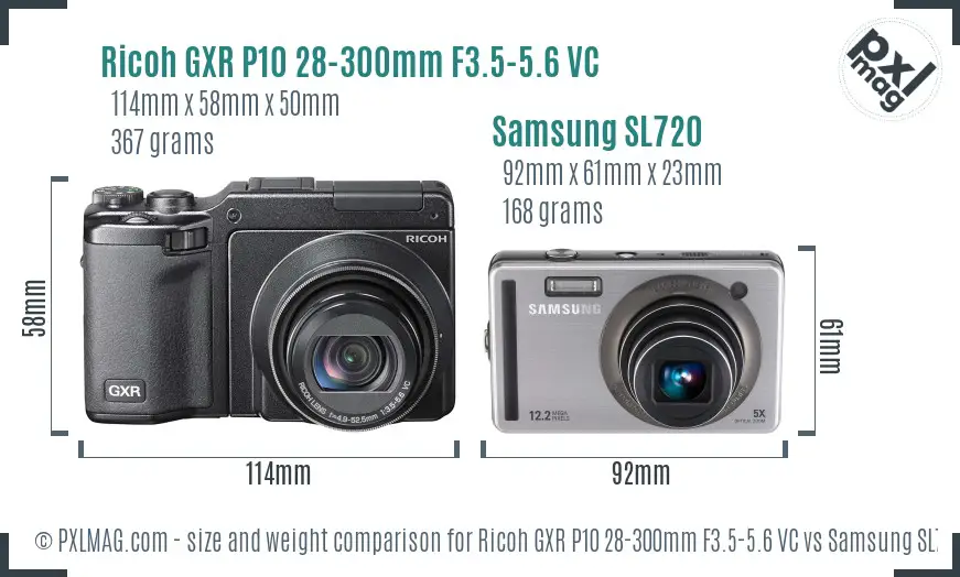Ricoh GXR P10 28-300mm F3.5-5.6 VC vs Samsung SL720 size comparison