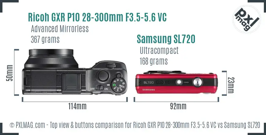 Ricoh GXR P10 28-300mm F3.5-5.6 VC vs Samsung SL720 top view buttons comparison