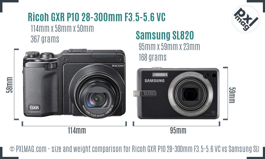 Ricoh GXR P10 28-300mm F3.5-5.6 VC vs Samsung SL820 size comparison