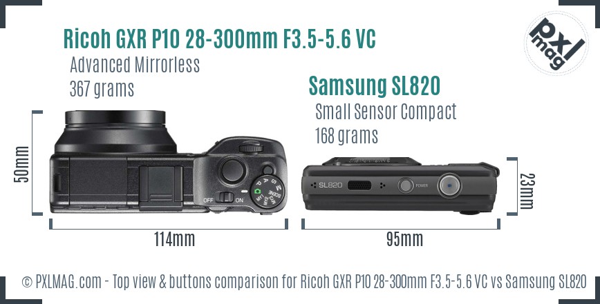 Ricoh GXR P10 28-300mm F3.5-5.6 VC vs Samsung SL820 top view buttons comparison