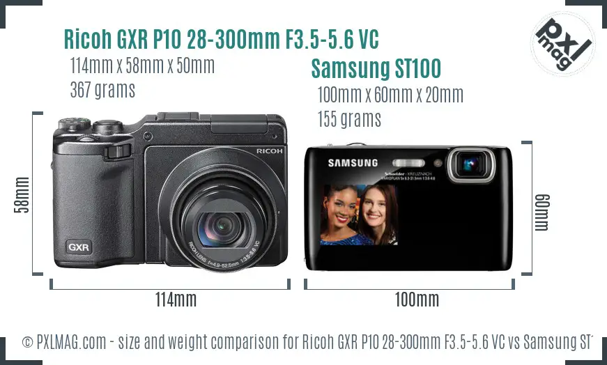 Ricoh GXR P10 28-300mm F3.5-5.6 VC vs Samsung ST100 size comparison