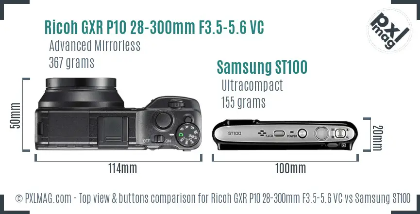 Ricoh GXR P10 28-300mm F3.5-5.6 VC vs Samsung ST100 top view buttons comparison