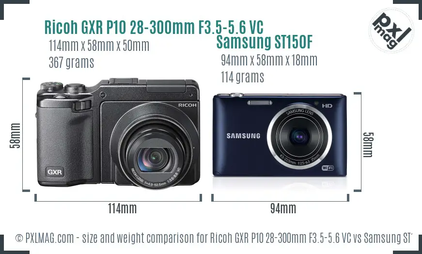 Ricoh GXR P10 28-300mm F3.5-5.6 VC vs Samsung ST150F size comparison