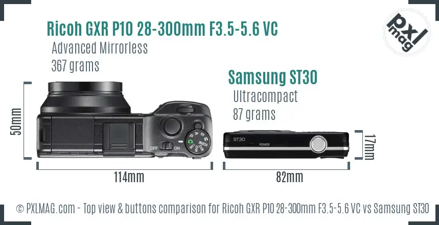 Ricoh GXR P10 28-300mm F3.5-5.6 VC vs Samsung ST30 top view buttons comparison