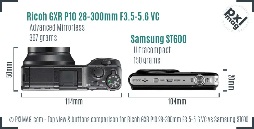 Ricoh GXR P10 28-300mm F3.5-5.6 VC vs Samsung ST600 top view buttons comparison
