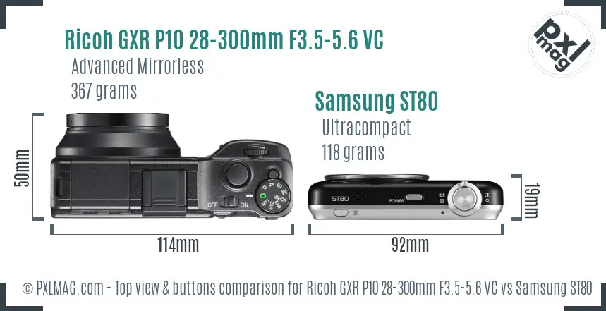 Ricoh GXR P10 28-300mm F3.5-5.6 VC vs Samsung ST80 top view buttons comparison