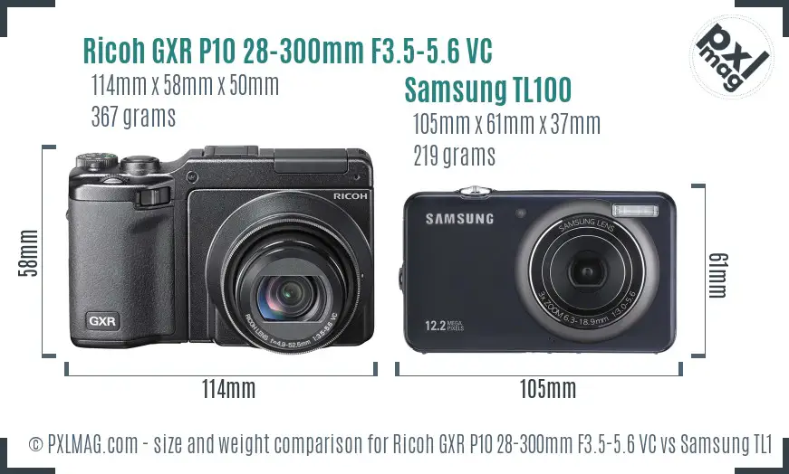 Ricoh GXR P10 28-300mm F3.5-5.6 VC vs Samsung TL100 size comparison