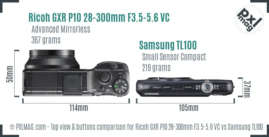 Ricoh GXR P10 28-300mm F3.5-5.6 VC vs Samsung TL100 top view buttons comparison